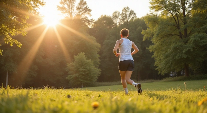 Osoba uprawiająca jogging na świeżym powietrzu, symbolizująca aktywny tryb życia i energię.