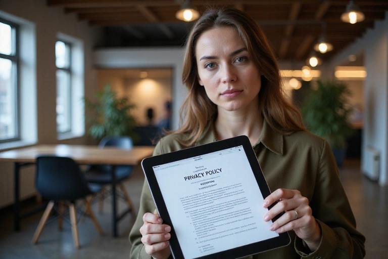 Kobieta przeglądająca politykę prywatności na tablecie